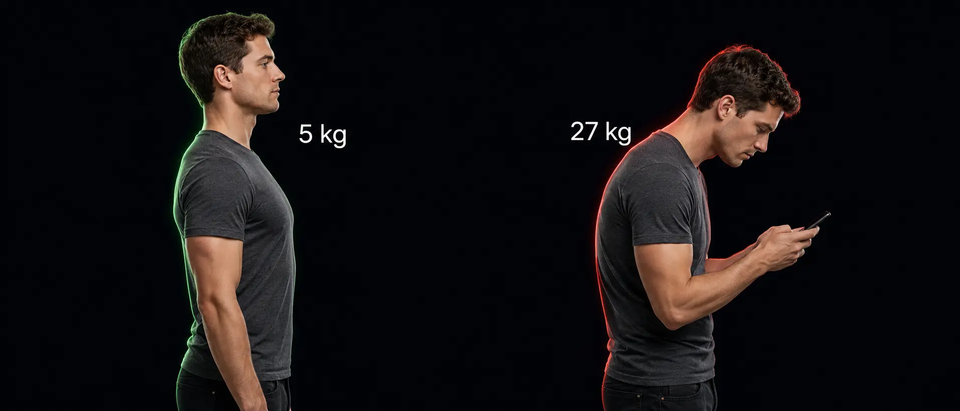 Comparação de postura: 5kg em pé vs 27kg curvado no celular